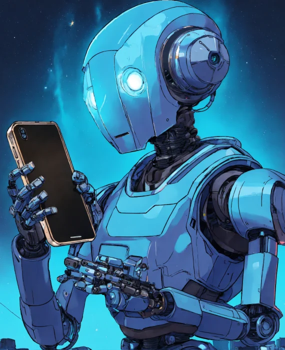 ((robot holding smartphone with both hands))